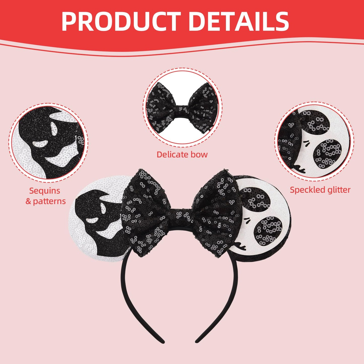 Eisyaa Mouse Ears Bow Headbands, Sequin Halloween Minnie Ears Headband,Halloween Mickey ears Hair Accessories (Jack-Ghost, Mediu