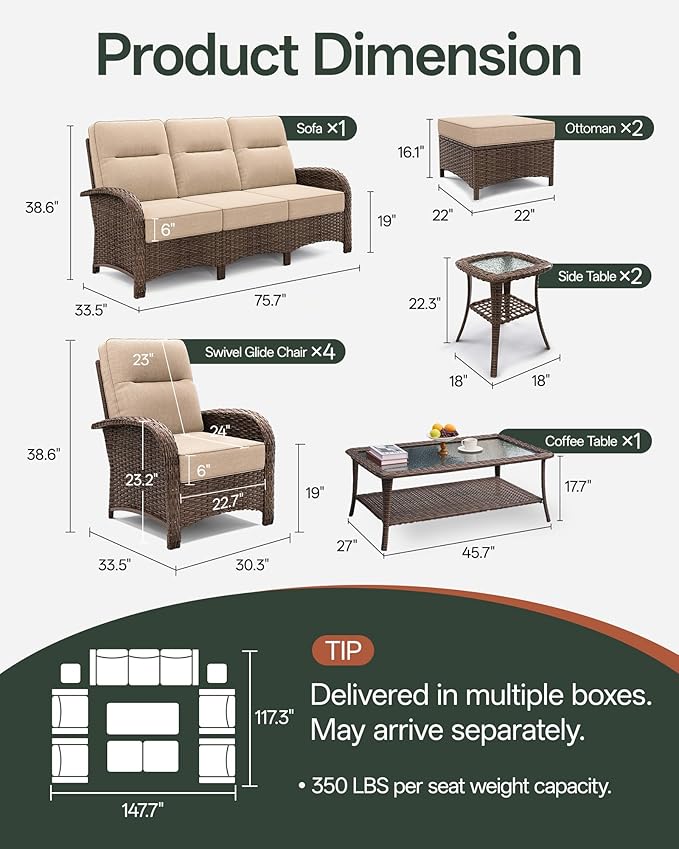 10-Piece Patio Furniture Set with 6-Inch Thick Cushions, High Back Outdoor Couch and Arm Chairs, All-Weather Conversation Set for Porch, Deck, Yard, Pool in Beige