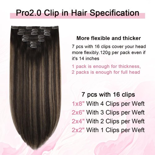 Sweetmet Pro2.0 Clip in Hair Extensions Real Human Hair 120g Thick 7pcs Color #2/6/2 Balayage Dark Brown to Chestnut Brown Remy Real Human Hair Extensions Clip ins 14inch Double Weft(#2/6/2-14inch)