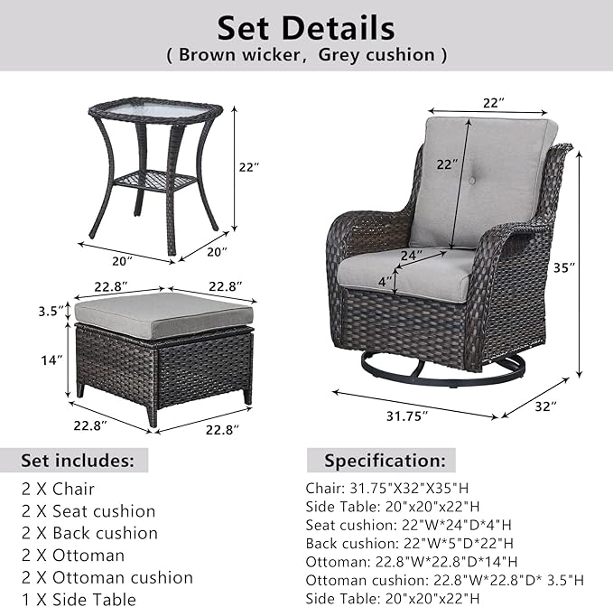 Belord 5 Pieces Patio Furniture Sets Wicker Outdoor Furniture, Rattan Patio Swivel Glider Chairs with 2 Ottoman and Glass Side Table