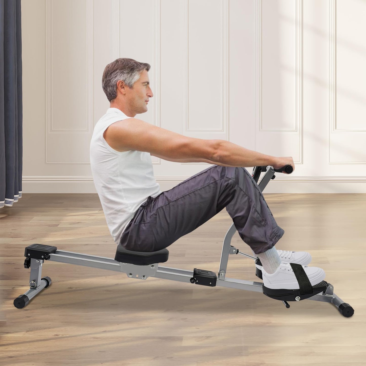 Erhdexzhg Hydraulic Rowing Machine LED Meter,Foldable Rowing Exercise Machine with 12 Resistance Levels and 3 Height Levels,Dual Slide Rail with 265lbs Weight Capacity,Rowing Machine for Schools Homes