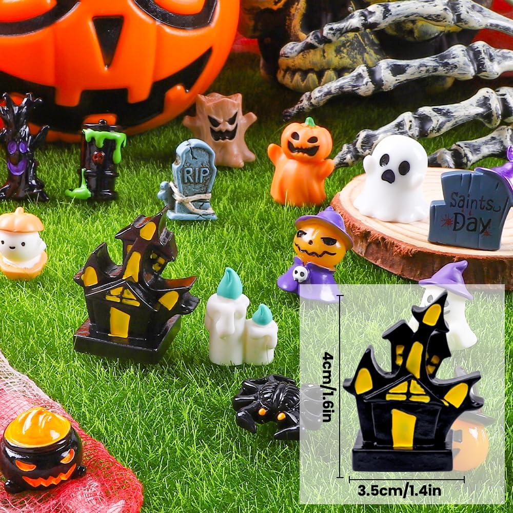 DIYDEC 32pcs Halloween Mini Resin Figures 32 Styles Tiny Resin Animals Little Small Figures to Hide Pumpkin Ghost Skull Miniatures Bulk for Halloween Party Favors Bag Fillers Garden Dollhouse Decor
