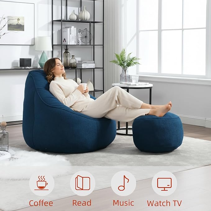 Bean Bag Chairs, Gaint Bean Bag Couch with Memory Foam for Adults and Kids, Microfiber Upholstered Sofa with Ottoman, Comfy Lazy Bean Bag Reading Chair for Living Room