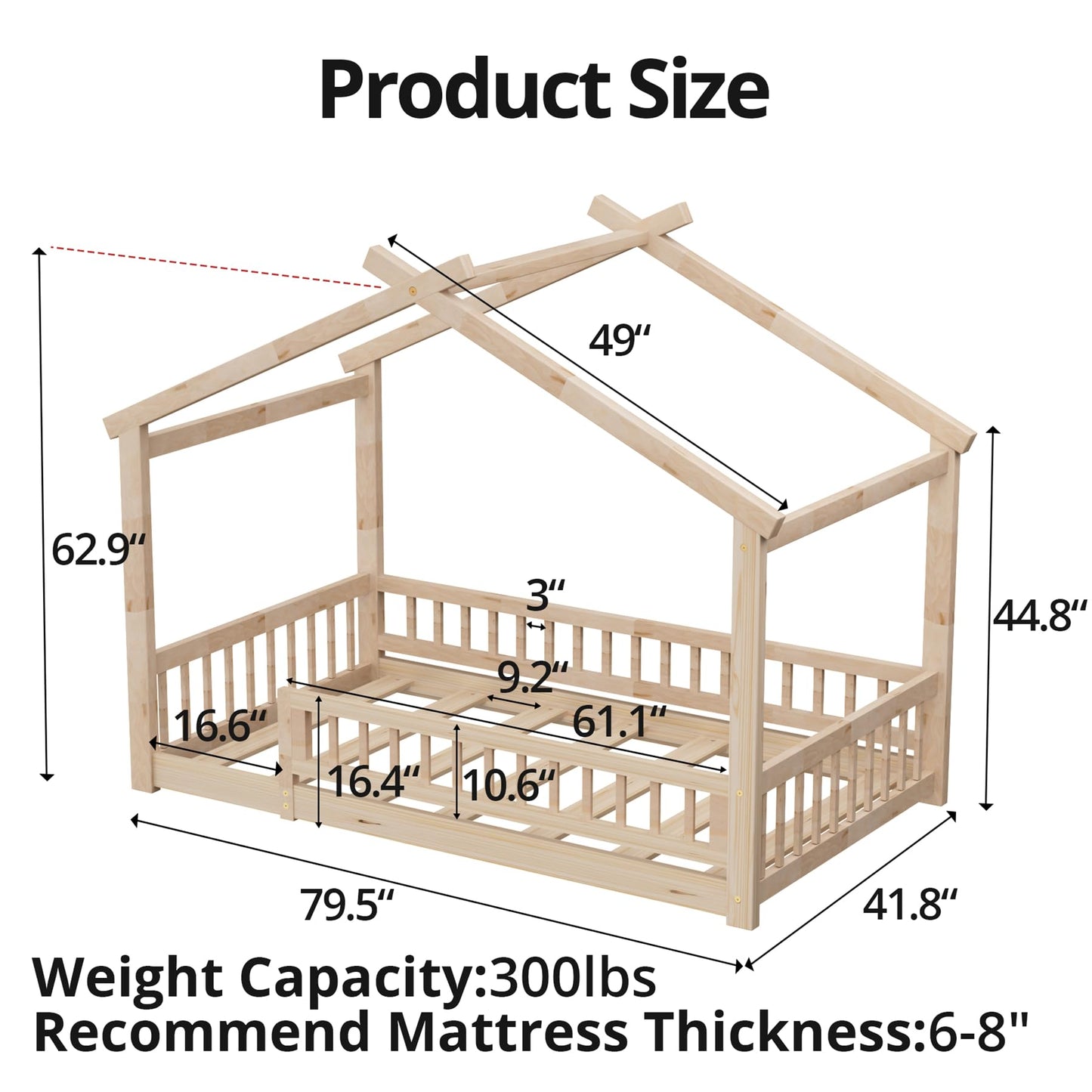 LLS Twin House Bed with Fence, Wooden Montessori Bed with Slats Support, Floor Bed Frame for Boys Girls Bedroom, Natural