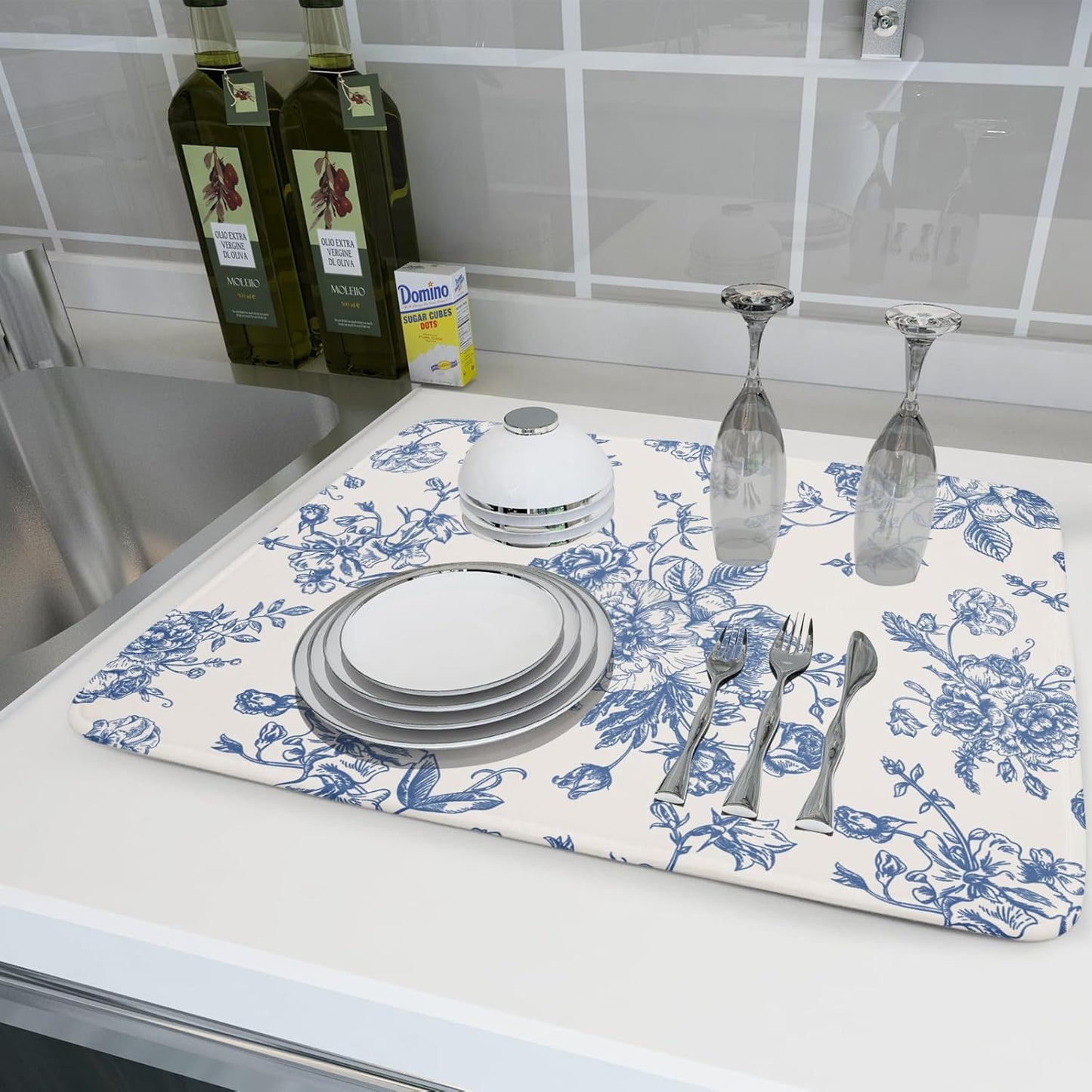 Vintage Blue Floral Dish Drying Mat for Kitchen Counter 18x24 Inch Chinoiserie Flowers Absorbent Reversible Microfiber Dish Pad Dish Drainer Rack Mats Countertops Protector Mat