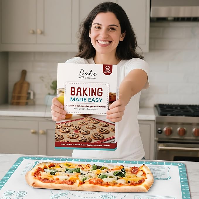 Non Stick Silicone Pastry Mat with 10 Quick Recipes ๏ผSilicone Mat for Dough Rolling Baking Sheet for Cookies, Pizza,Bread, Surdough,Fondant Mat for Kitchen Counter, Extra Large and Oven Safe