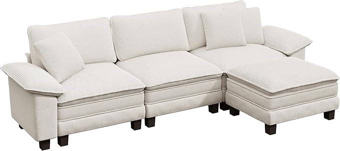 PHI VILLA Cloud Modular Couch Sets, 123.6" Sectional Sofa with L-Shaped Chaise Ottoman, 4-Seater Couches with Upholstered Deep Seat for Living Room, Chenille Corduroy Dual Fabric, Beige