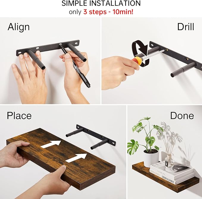 BAYKA Floating Shelves Bathroom for Wall โ Shelf Over Toilet Farmhouse Rustic Wood for Bedroom, Kitchen, or Living Room Decor Organization, Christmas Decor Shelves โ Rustic Brown, Set of 3
