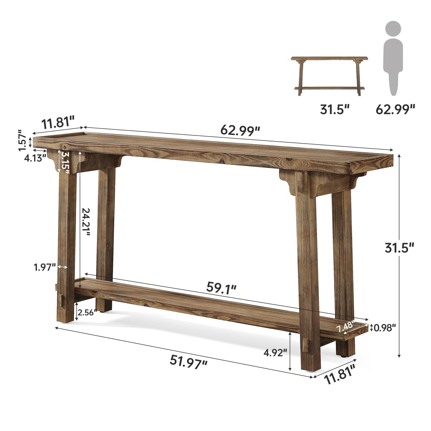TRIBEWOOD Solid Wood Console Table for Entryway, 63-Inch Long Farmhouse Sofa Table Behind Couch with 2-Tier Storage, for Living Room, Foyer, Hallway, Entrance, Rustic Brown