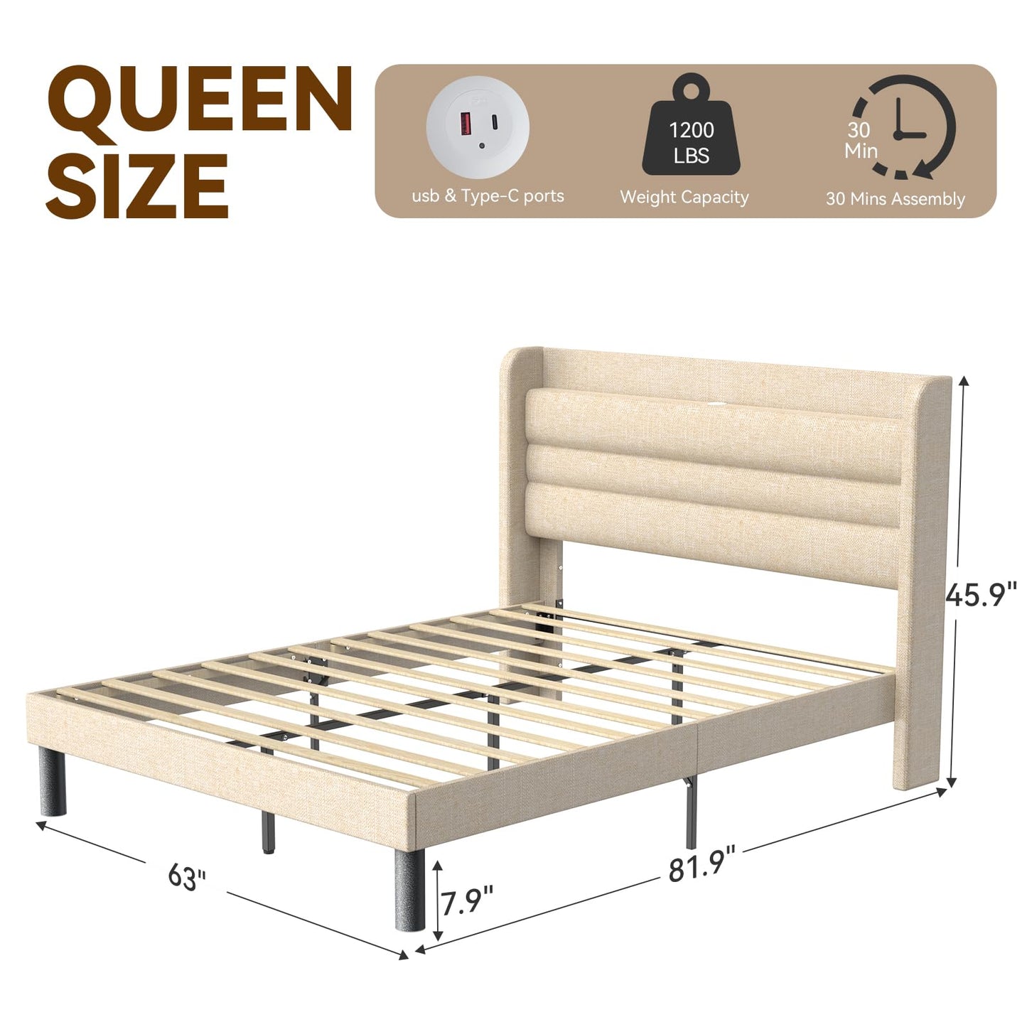 Flolinda Queen Bed Frame with Type-C & USB Ports Upholstered Platform Bed Frame with Wingback Shelf Beige