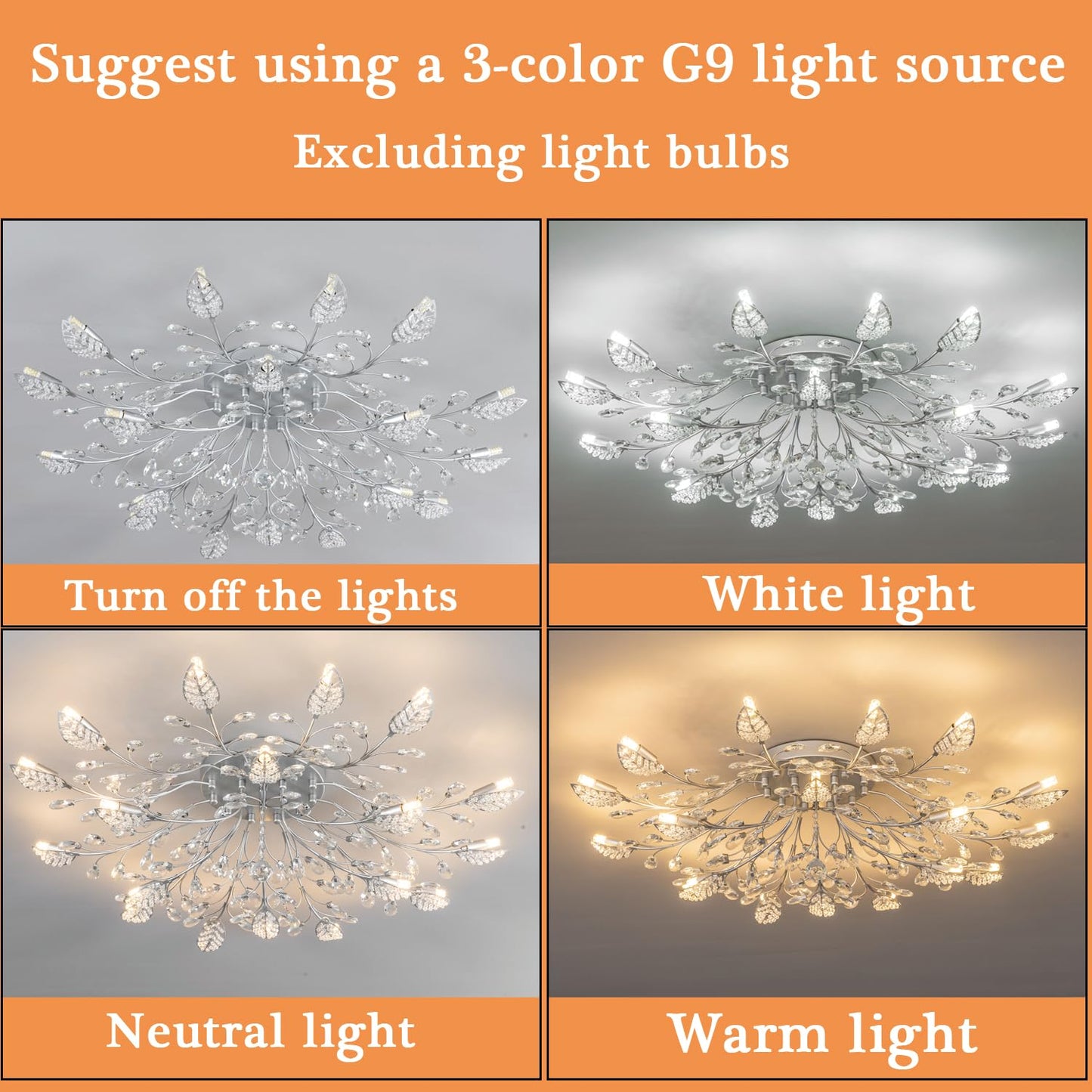 Ridiss Crystal Ceiling Light Fixture,Semi Flush Mount Chandeliers,Crystal Leaf Ceiling Light,Silvery Chandeliers for Dining Room,Living Room,Bedroom