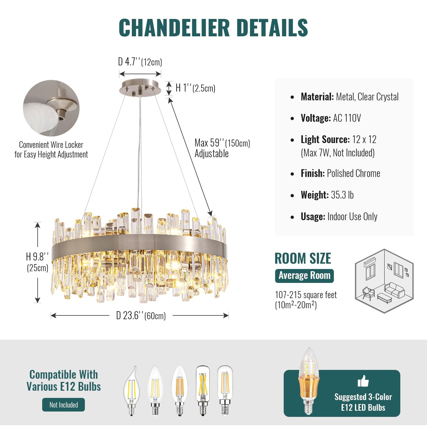 Siljoy Modern Crystal Chandelier 12-Light Brushed Nickel Luxury 2-Tiers K9 Crystal Raindrop Chandelier Dimmable Crystal Ceiling Light for Dining Living Room Kitchen Entryway Foyer D23.6''