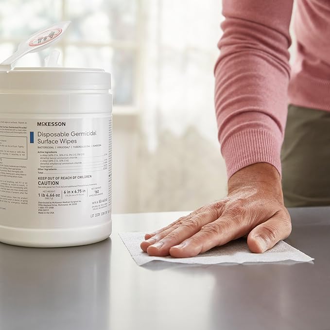 McKesson Germicidal Surface Wipes, Pre-Moistened Alcohol Cleaning Wipes for Hard Surfaces, Non-Woven Cloth - 6 in x 6 3/4 in, 160 Wipes, 1 Pack, 1 Count (Pack of 160)