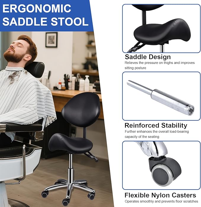 Upgrade Saddle Stool with Back Support, 400lbs Adjustable Salon with Wheels, Wide Thick Seat Padding, Ergonomic Esthetician Seat for Home Office Salon Shop Dentist Clinic, for People 5 Ft To6 Ft Tall