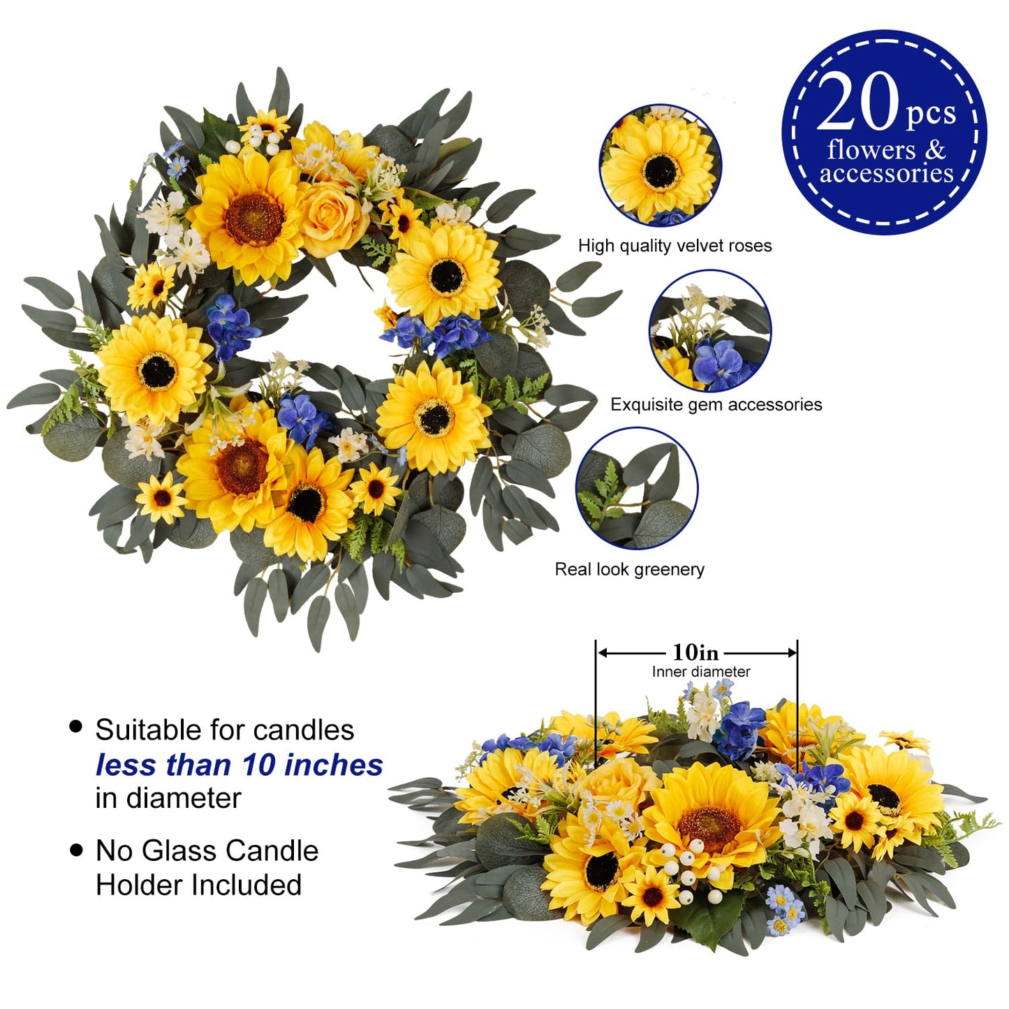 TINGE TIME Aritificial Flowers Candle Rings, 1 Pcs 15inch Diam Sunflower & Royal Blue Fake Rose Wreath Wedding Centerpieces for Tables Summer Garland for Front Door Weddings Party Ceremony Decor