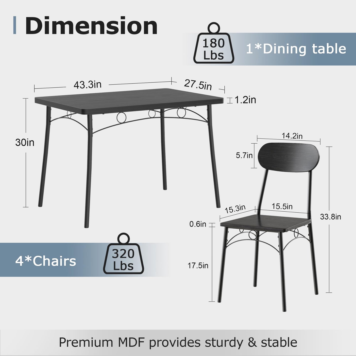 VECELO Dining Table Set for 4, 5-Piece Kitchen Table with 4 Chairs, MDF Board Tabletop with Metal Frame for Small Space, Compact Dinette, Breakfast Nook, Black