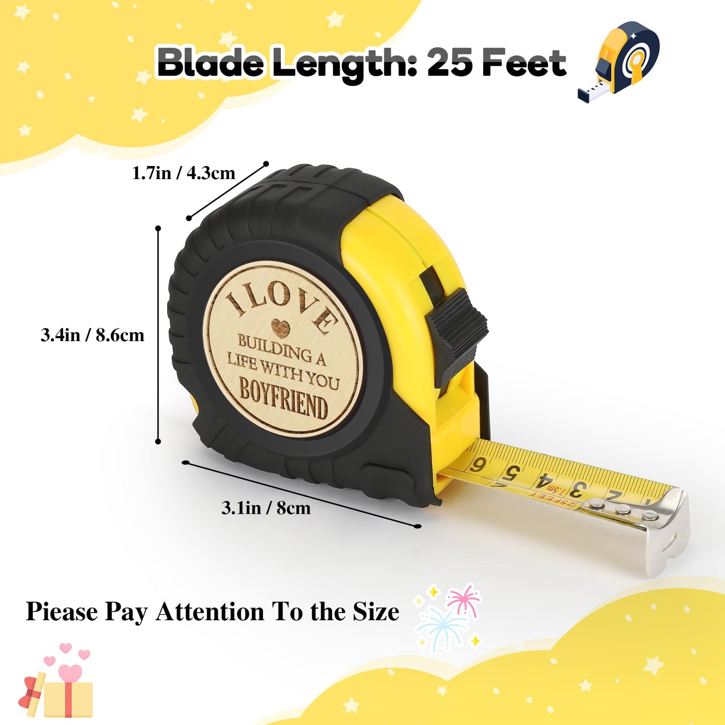 Boyfriend Fathers Day Birthday Gift from Girlfriend, I Love My Boyfriend, Cute Month Year Anniversary Tool Gifts Ideas for Him Boyfriend, Cool Long Distance Tape Measure 25 FT Tool Presents