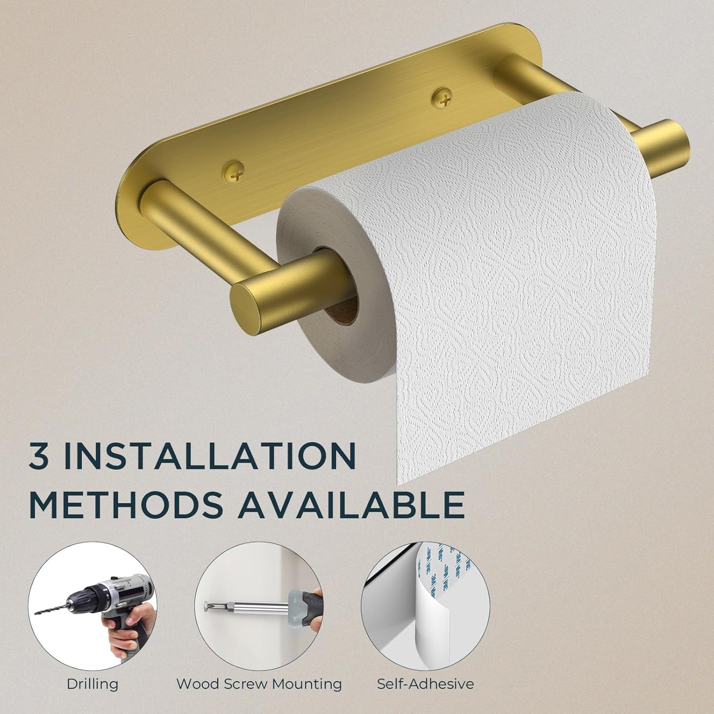 FORIOUS Toilet Paper Holder, Adhesive or Screw Wall Mount Pivoting Tissue Roll Holder for Bathroom, Stainless Steel Rustproof Self Adhesive Toilet Paper Roll Dispenser no Drilling, Brushed Gold