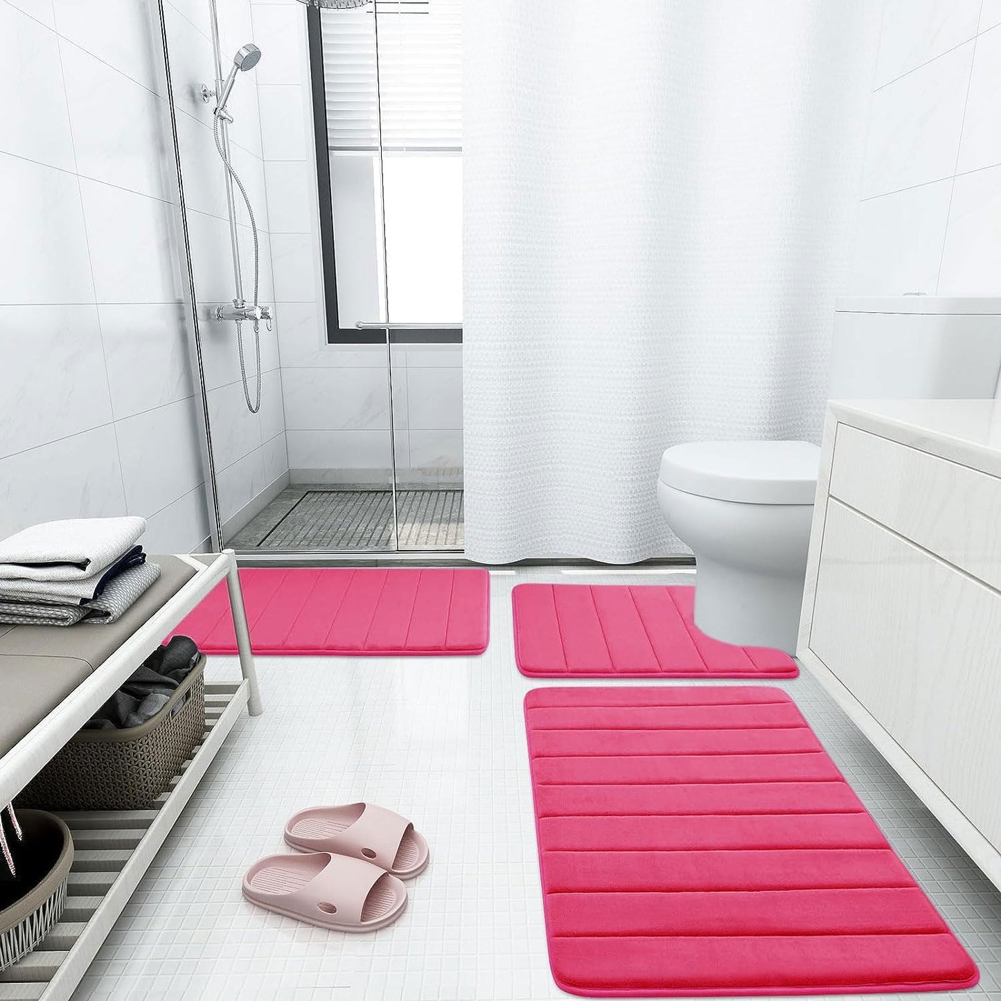 Buganda Memory Foam Bath Mat, 60" x 24", Ultra Soft and Non-Slip Bathroom Rugs, Water Absorbent and Machine Washable Bath Rug Runner for Bathroom, Shower, and Tub, Deep Pink