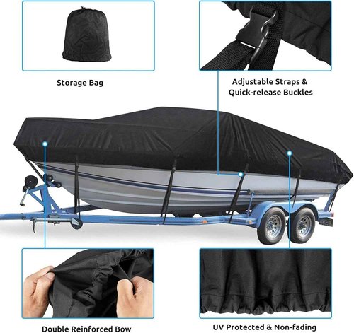 Mancro Boat Cover 16ft-18.5 ft, Heavy Duty Covers fits Bass Boats, V-Hull, Tri-Hull, Runabout, Fishing Boats, Waterproof Trailerable Boat Cover, Marine Grade Canvas Outboard Cover, Black