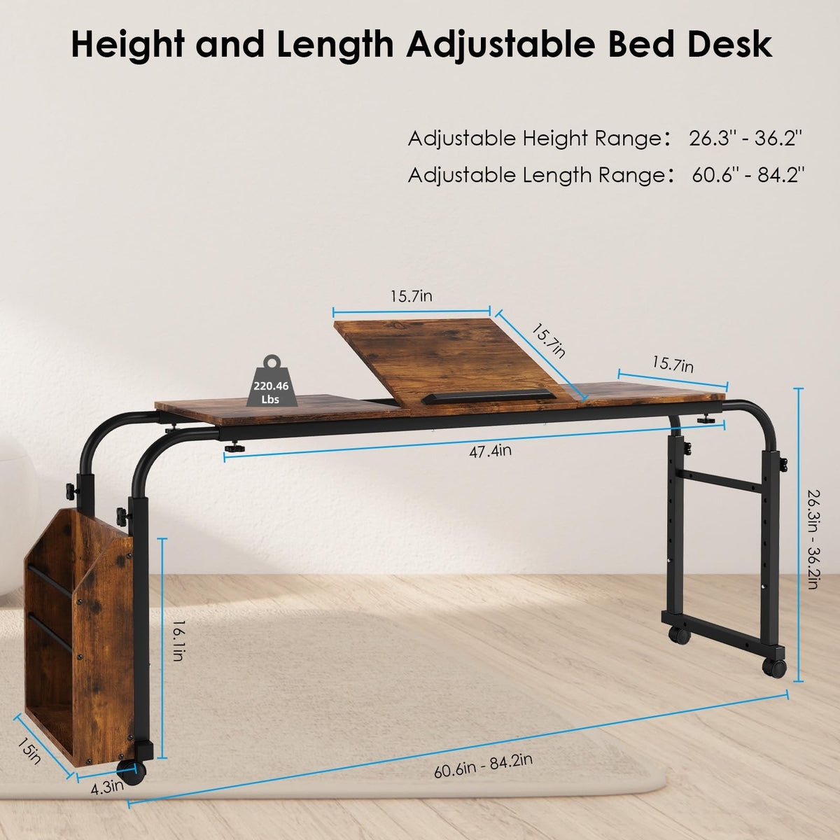 Arlopu Overbed Table with Wheels,60.6-84.2 inches Mobile Bed Desk,Rolling Computer Desk, Laptop Cart,W/0-65°Tilt Stand,4 Heights and 6 Lengths,Side Storage Basket,for Home,Office and Hospital (Brown)