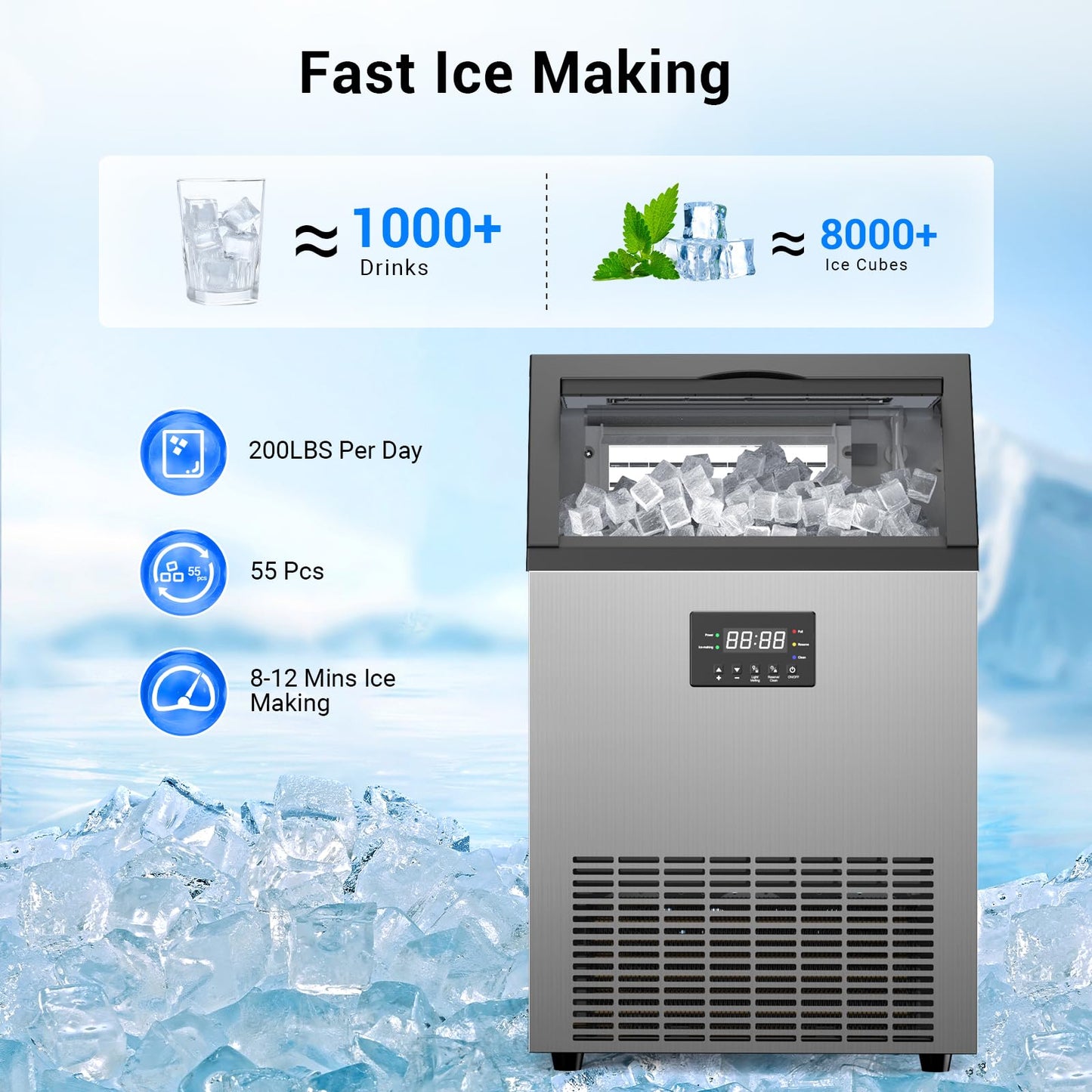 Commercial Ice Maker Machine, 200lbs/Day Under Counter Ice Machine with 50 Lbs Storage Bin, 55 Ice Cubes in 8-12 Mins Free Standing Ice Maker for Home/Bar/Restaurant/Outdoor
