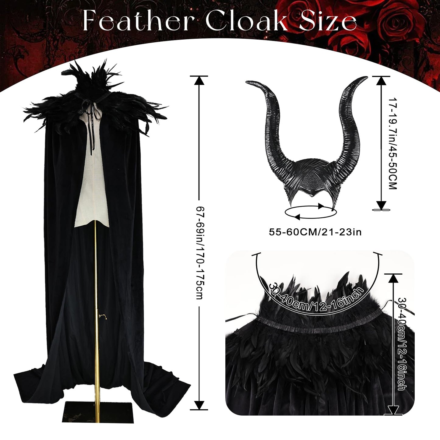 MAOFENG Women's Gothic Evil Queen Costume Demon Horns with Black Feather Collar Velvet Cloak Set for Halloween Cosplay Party