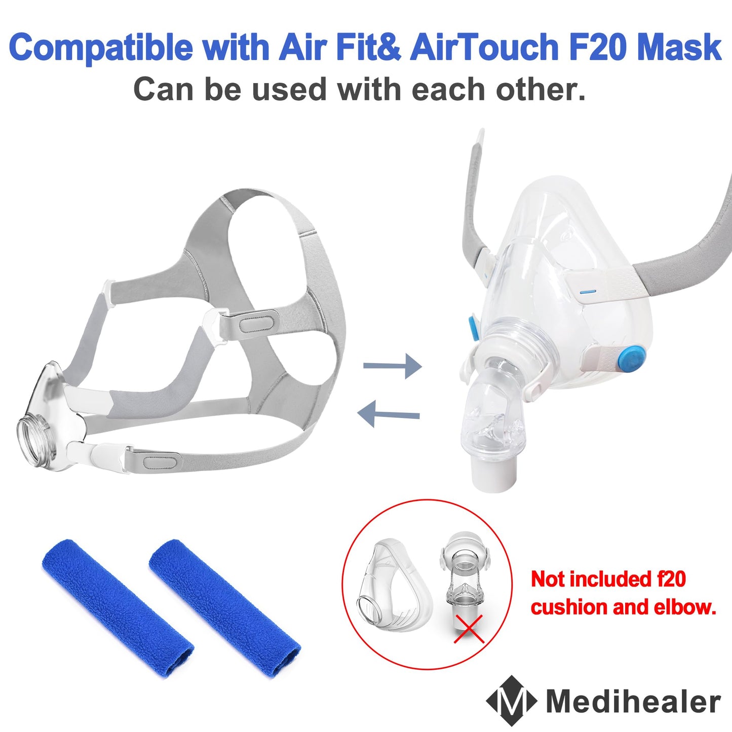 Replacement Frame Kit for Airfit F20, Include 1PCS Frame & 1PCS Headgear & 1Pair Clips & 2PCS Strap Covers(No Elbow), Great Value Supplies by Medihealer