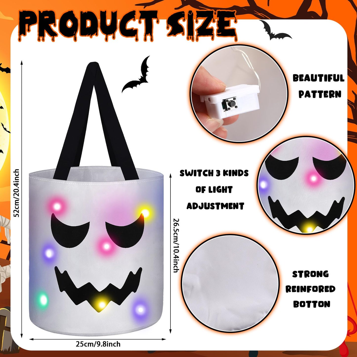 Teling 6 Pcs LED Halloween Candy Bucket Pumpkin Treat Basket Light Multipurpose Reusable Goody Bags for Halloween Supplies Favors(Smile Face)