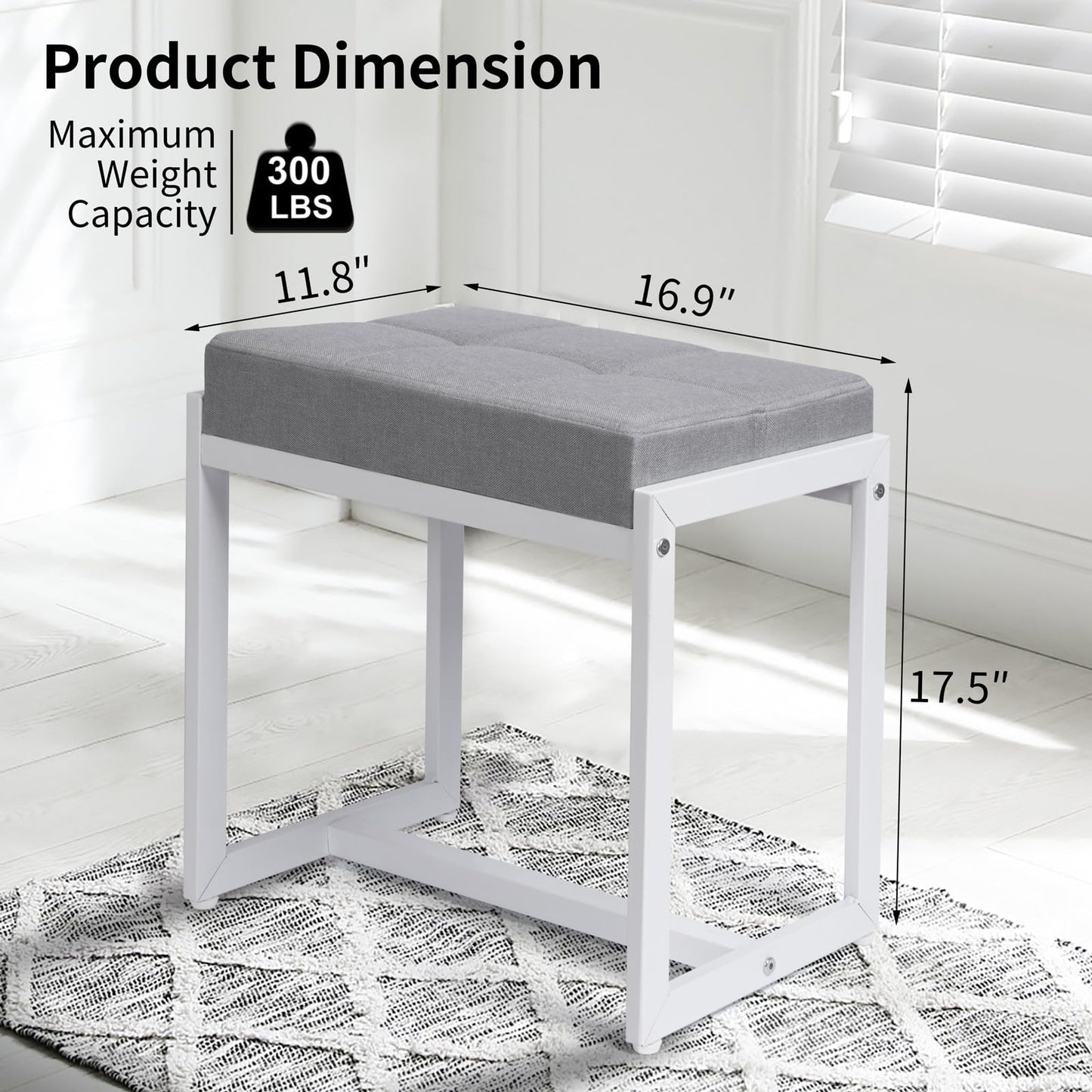 FLYZC Vanity Stool, Vanity Chair Stools for Makeup Room, Square Linen Makeup Stool for Vanity, Modern Padded Small Ottomans Foot Rest for Bedroom Living Room, Grey & White