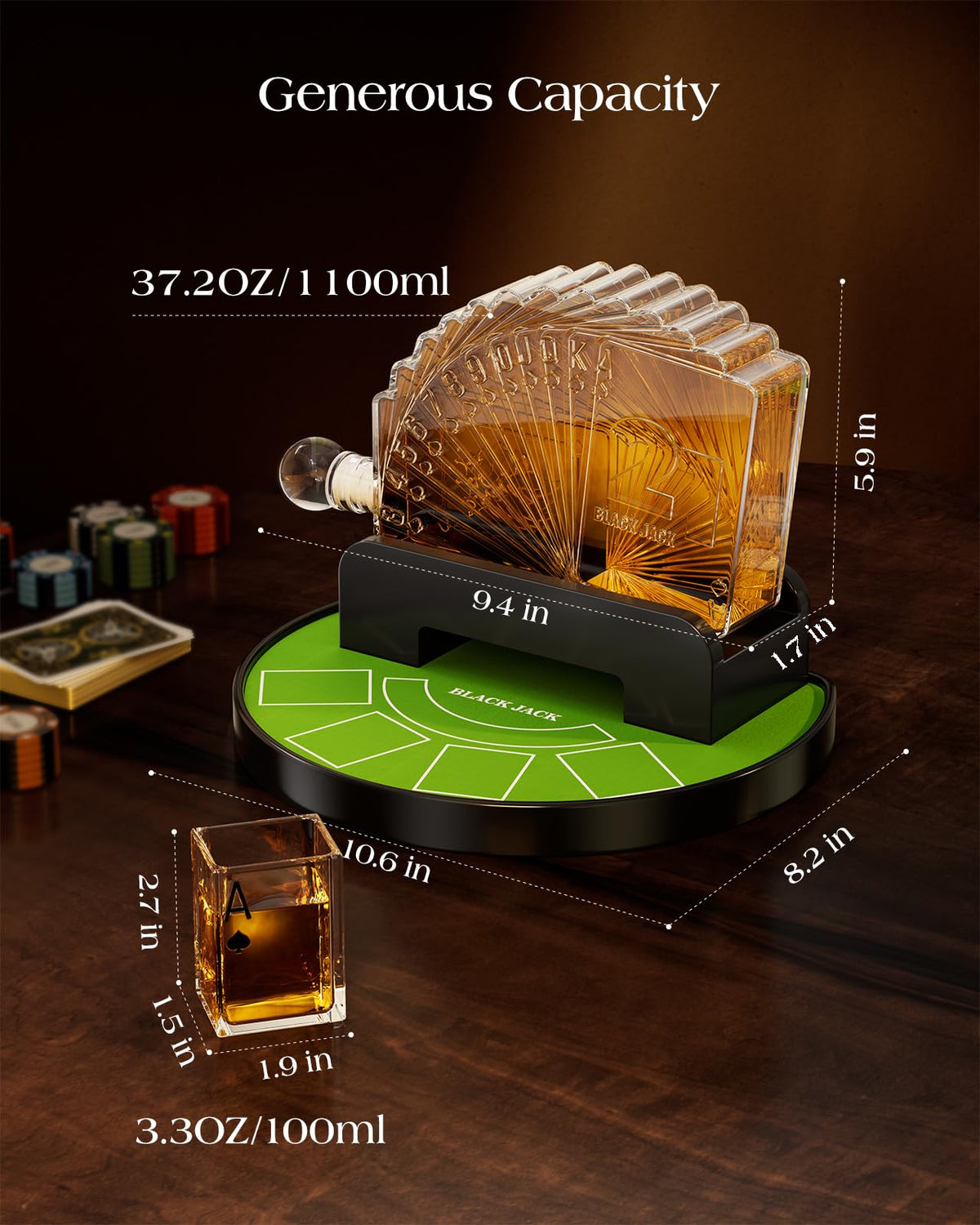 Kollea Blackjack Whiskey Decanter Set, 37.2 Oz Casino Style Decanter with 4 Glasses, Liquor Dispenser, Funny Birthday Gifts for Men Dad, Him, Boyfriend, Poker Game Night Essentials, Bar, Party Decor