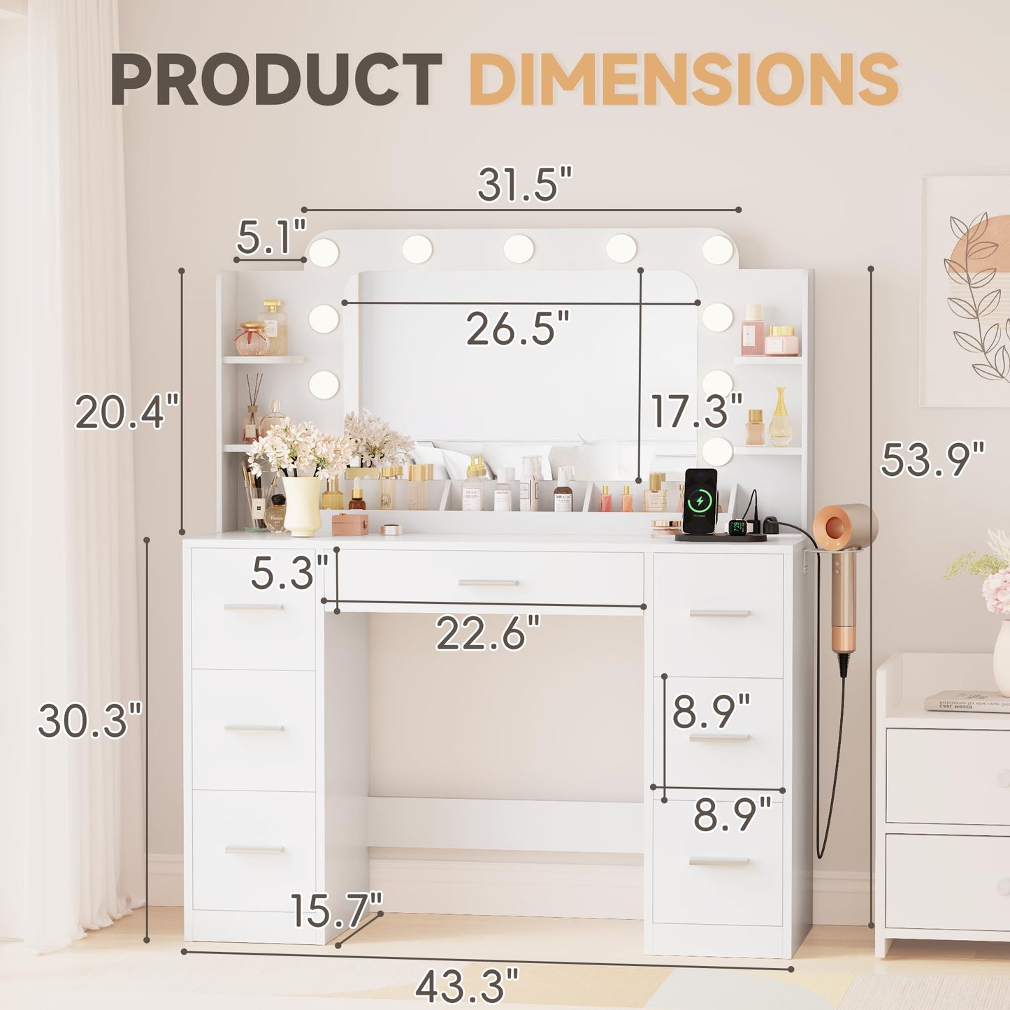 YESHOMY Vanity Desk with Large Lighted Mirror, Power Outlet and 11 Lights, Makeup Table with 7 Drawers and 3 Desktup Storage Units, 3 Color Modes Available for Bedroom, White