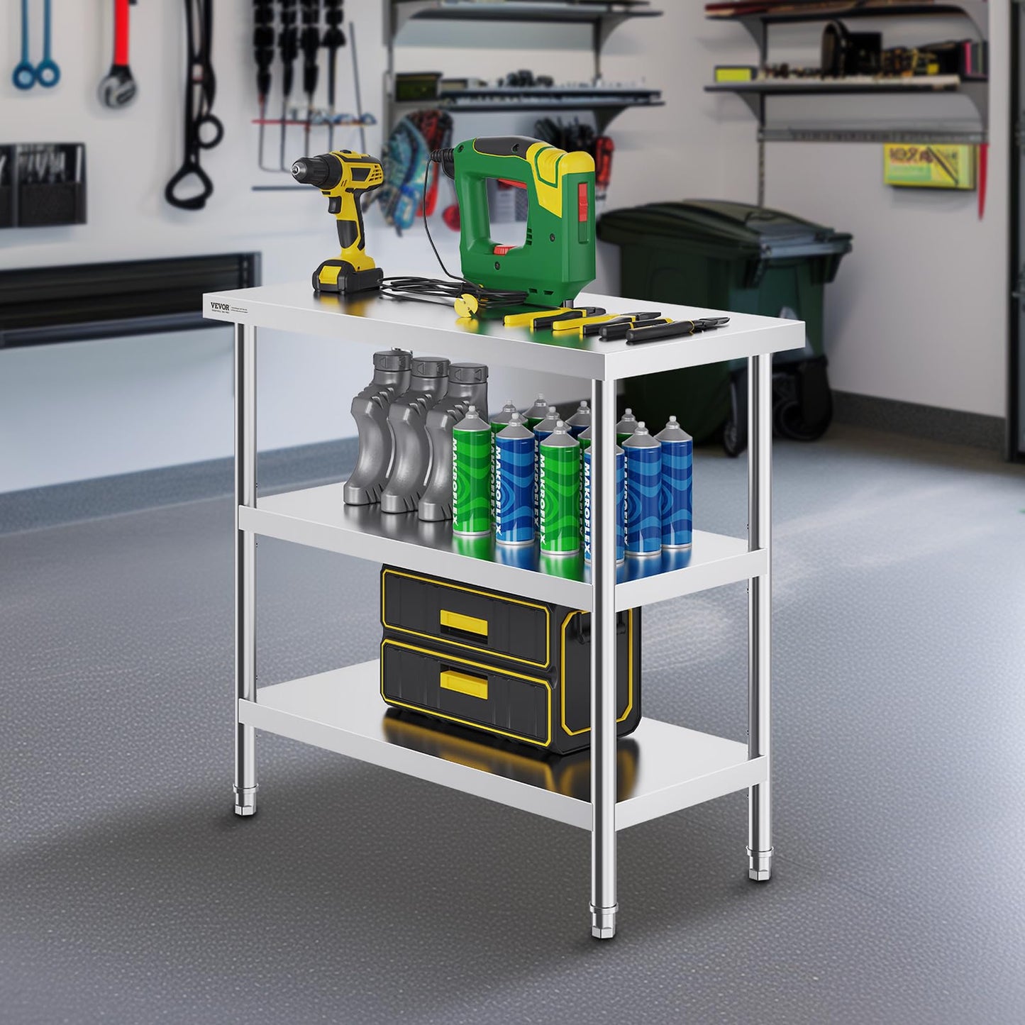 VEVOR Stainless Steel Food Prep Table, 18 x 36 x 34 Inch Commercial Kitchen Worktable, with 2 Adjustable Undershelf, Heavy Duty Prep Metal Work Table for BBQ, Kitchen, Home, and Garage
