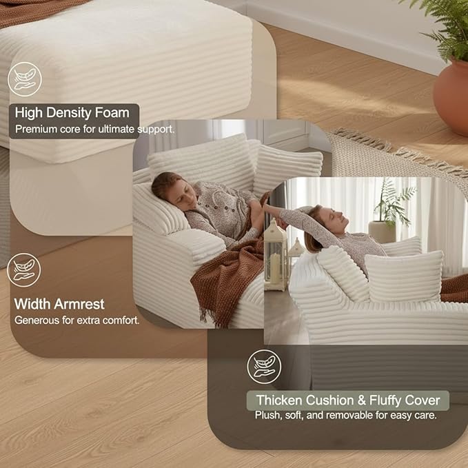Alpen 66" Oversized Chaise Lounge, Boneless Couch Indoor, Corduroy Couch Boneless Sofa Chair for Reading with Wide Armrest and 3 Throw Pillows, No Assembly Required, White