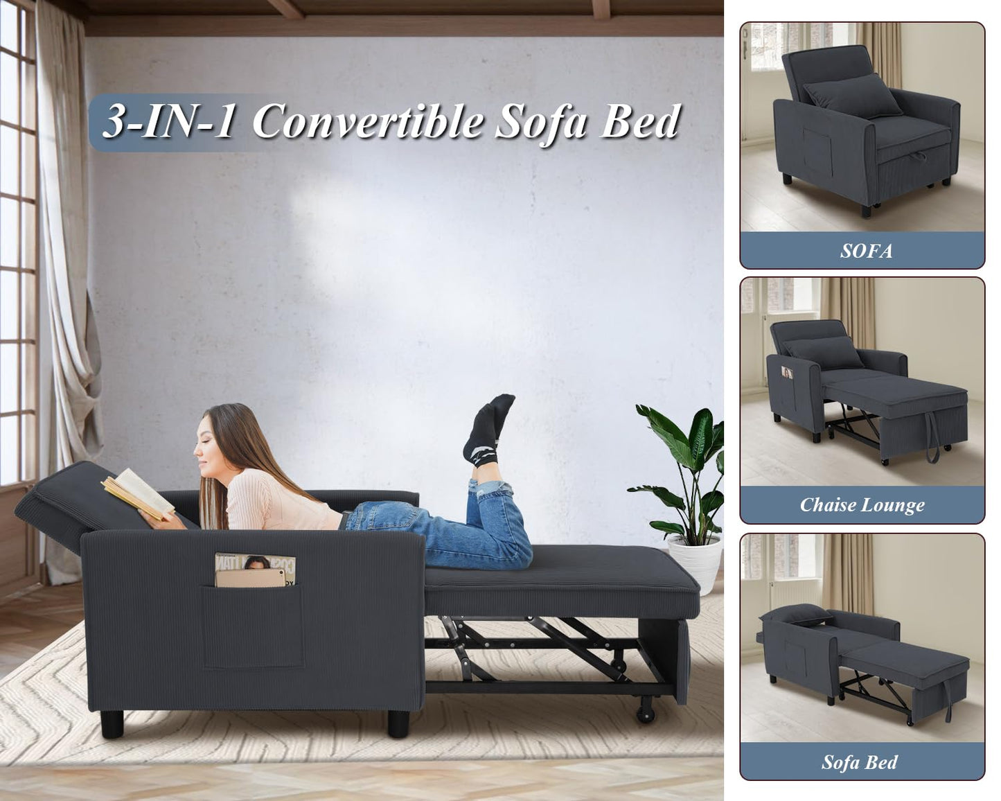 SEJOV Sleeper Chair, 3 in 1 Convertible Sofa Chair with Pull Out Futon Bed for Adults, Modern Corduroy Single Recliner for Small Spaces w/Adjustable Backrest, 2 Side Pockets & Pillow, Dark Gray