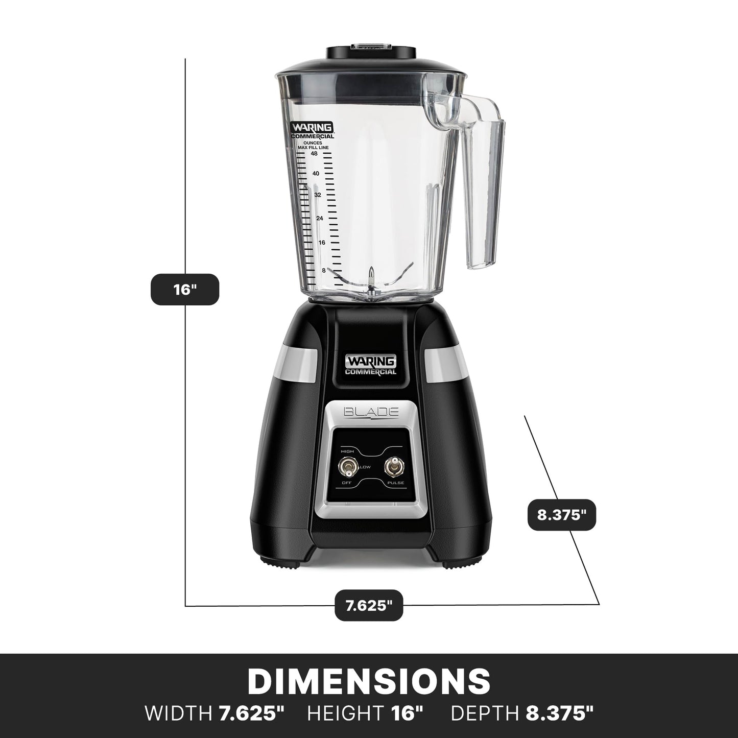Waring Commercial BB300 Blade 1 HP Blender Toggle Switch Controls with Pulse feature with 48 oz BPA Free Copolyester Stacking Container, 120V, 5-15 Phase Plug ,Black