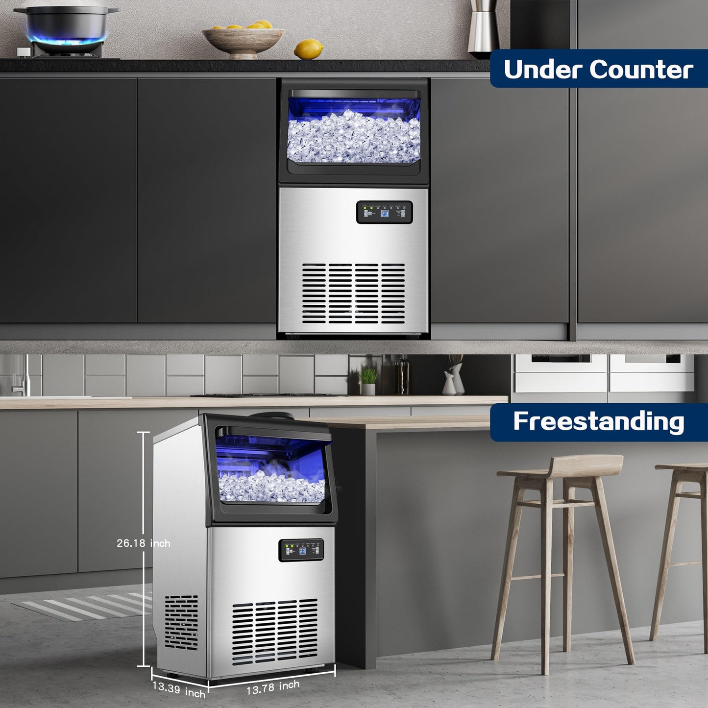 Zomagas Commercial Ice Maker Machine 110LBS/24H, Undercounter or Freestanding Ice Machine with 22LBS Storage Bin, Stainless Steel Self-Cleaning for Home, Bar, Restaurant, Coffee Shop