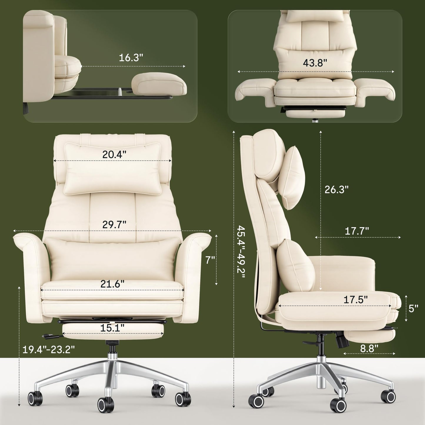 FLEXISPOT Oversized Big and Tall Office Chair, 180° Flip Armrests for Pets&Cross Legged, Computer Desk Chair with Footrest, Lounge Chairs for Home Office Gaming Working, ScratchSafe Air Leather, Beige