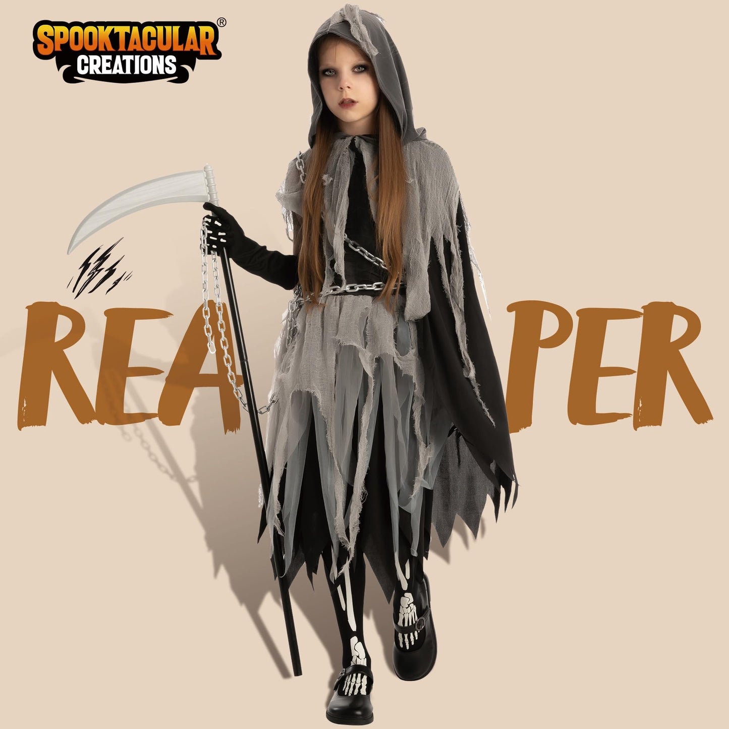 Spooktacular Creations Girl Grim Reaper Costume with Gloves and Tights Glow in the Dark, Scary Halloween Costume for Dress Up Party-M(8-10yr)