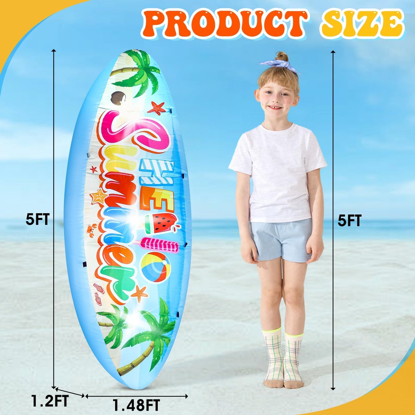 Eyourlife 5 FT Hello Summer Surfboard Inflatable, Outdoor Blow Up Yard Decoration with Built-in 3 LED Lights, Summer Luau Party Decorations for Pool Holiday Garden Lawn Patio Tropical Beach