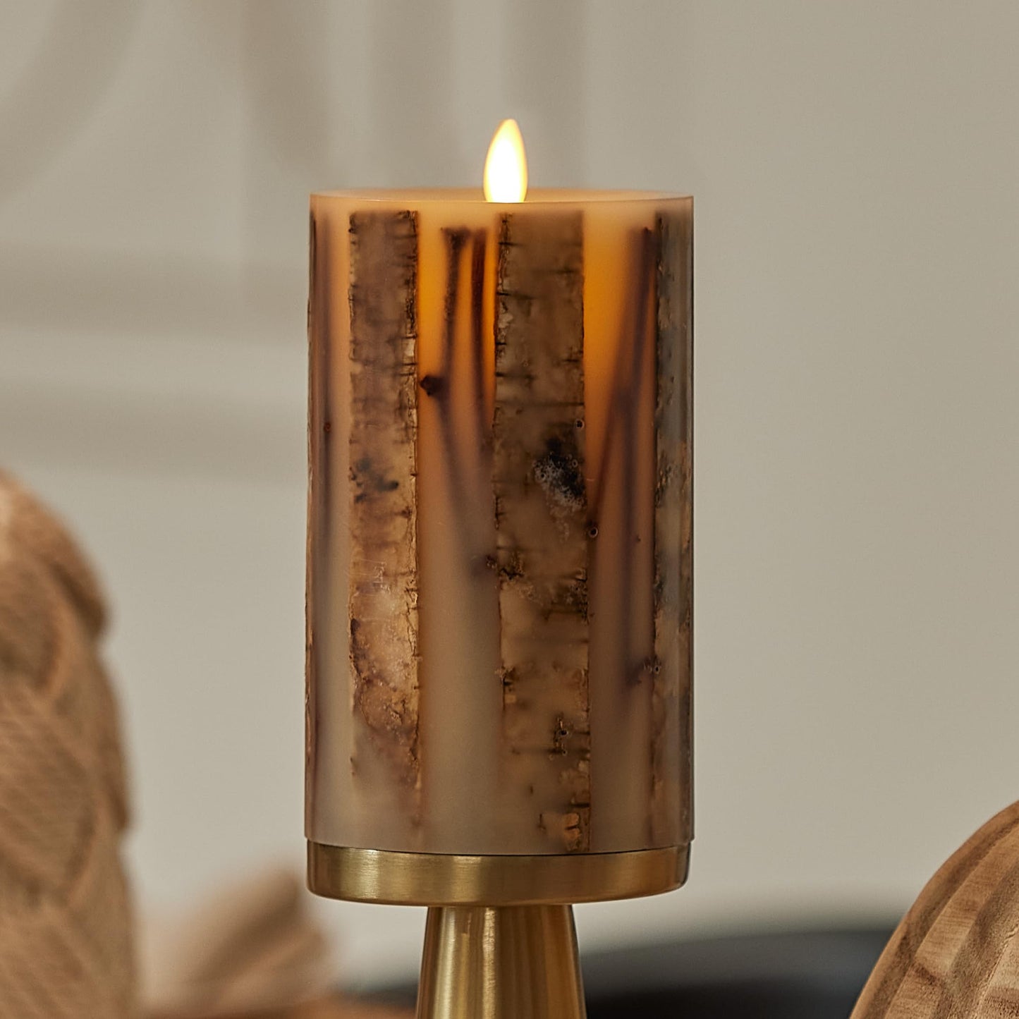 Luminara Embedded Birch Twigs Flameless LED Candle, 3.5" x 6.5", Moving Flame Real Wax Unscented, Battery Operated, Decorative Home Lighting Safe