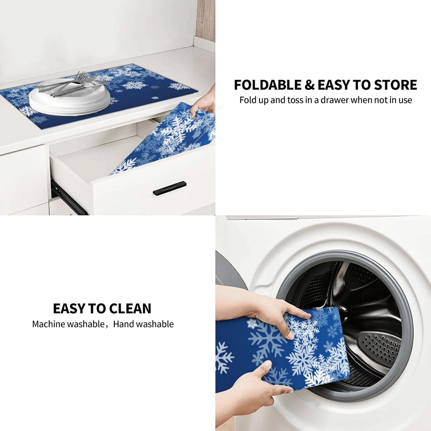 Dish Drying Mat Snowflake Blue Winter Christmas for Kitchen Counter Absorbent 18x24 Inch Microfiber Dishes Plate Glass Dry Draining Pad Reversible Washable