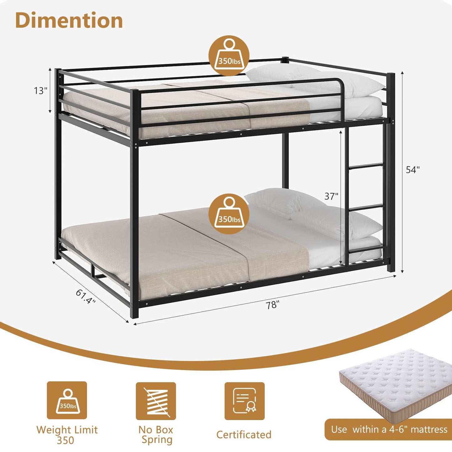 JOYMOR Metal Bunk Bed Full Over Full, Twin Size Bed Frame for Boys Girls, Junior, Low Profile Bunk, Space Saving Design, Mattress Not Included (Black)