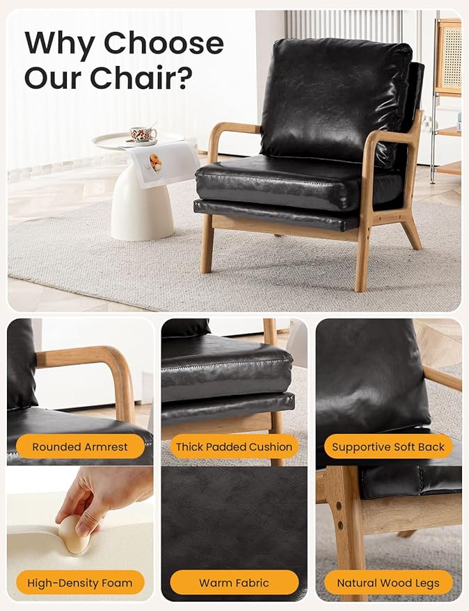 Mid Century Modern Accent Chairs for Living Room, 23” Wide Comfy Chair for Bedroom, Small Cozy Leather Reading Chairs for Adults, 108° Lounge Arm Chair Indoor with Detachable Cover, 5.5" Foam Cushion