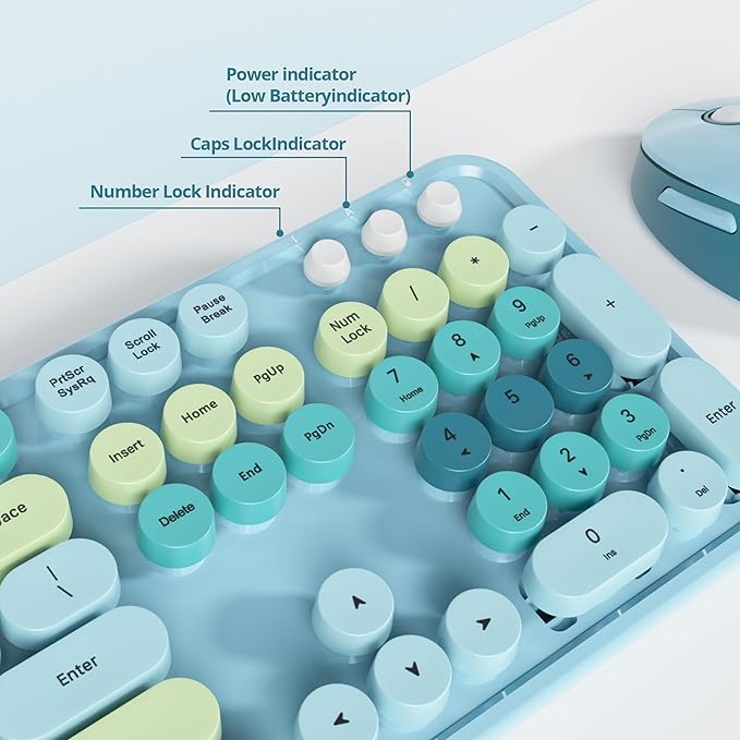 Owpkeenthy Blue Keyboard and Mouse Wireless,Cute Typewriter Keyboard Wireless 2.4GHz Full-Size with Retro Round Keycaps for Desktop, Laptop and Computer(Coloful Blue)