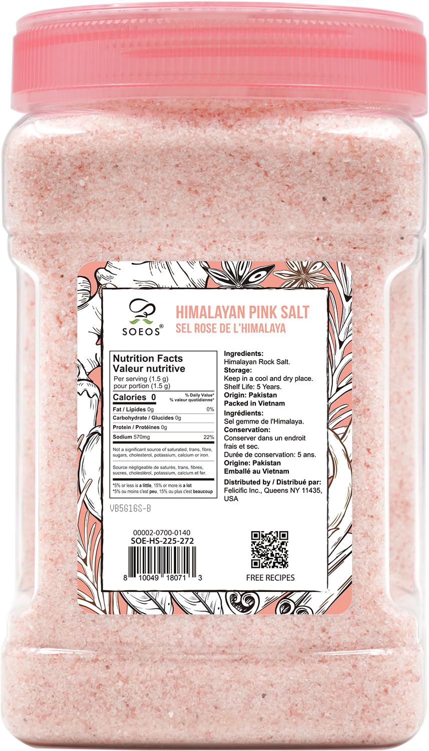 Soeos Himalayan Pink Salt, Fine Grain, 80oz (5 Pound), Non-GMO Himalayan Salt, Kosher Salt, Pink Himalayan Sea Salt Fine
