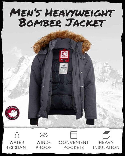 CANADA WEATHER GEAR Mens Winter Bomber Jacket - Heavyweight Winter Coats Weather Resistant Faux Fur Hood Insulated Ski Jacket, Size X-Large, Coal Grey