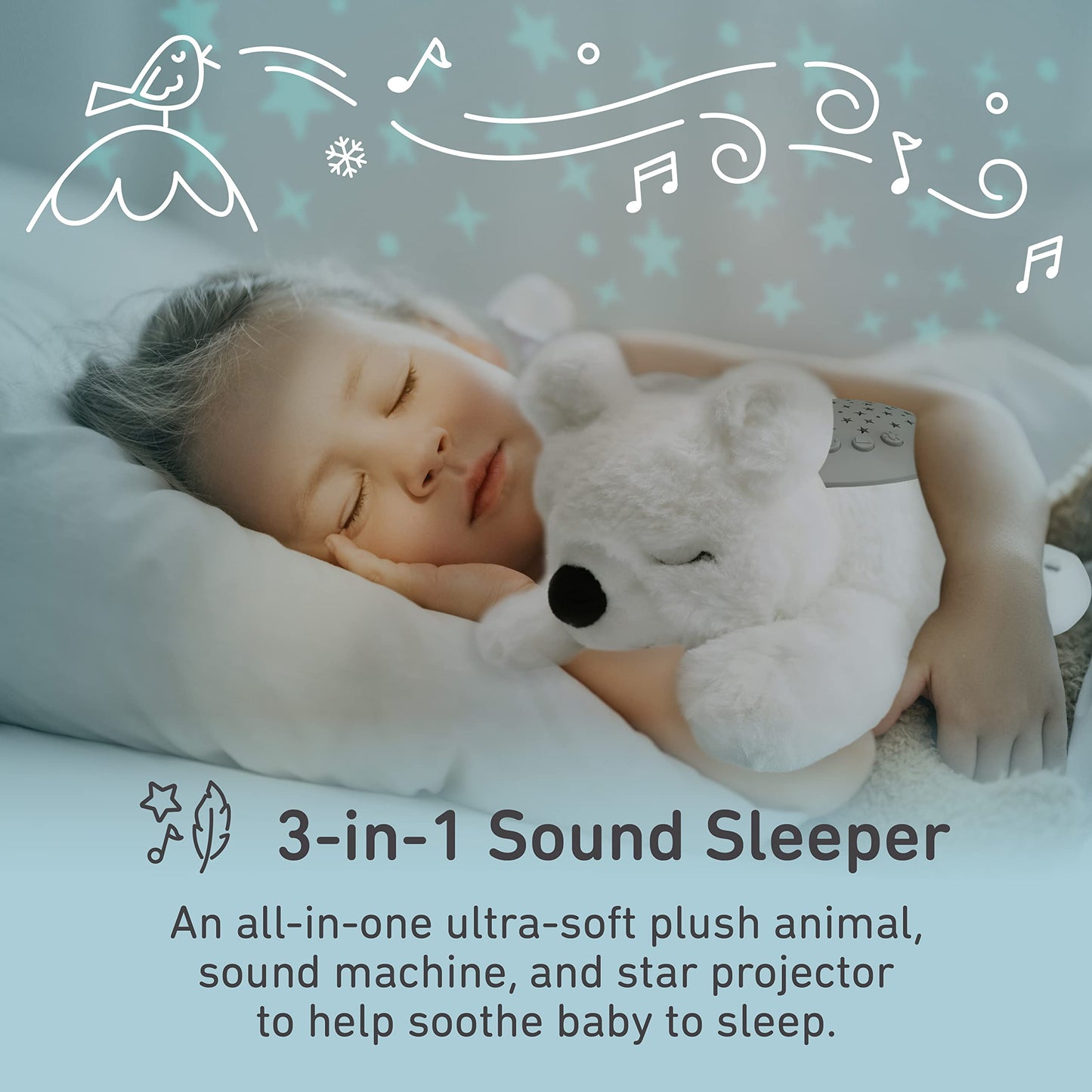 PureBaby Sound Sleepers Portable Sound Machine & Star Projector - Plush Sleep Aid for Baby and Toddlers with Soothing Night Light Display, 10 Lullabies, White Noise, and Heartbeat Sounds (Polar Bear)
