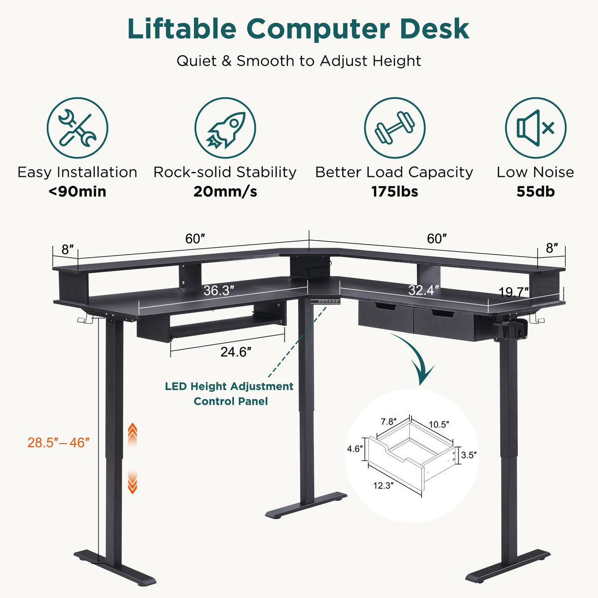 RedLemon 60 Inches L Shaped Electric Standing Desk, Height Adjustable Corner Gaming Desk with Drawers, Power Outlets & LED Lights, Computer Desk with Monitor Shelf, Carbon Fiber Black