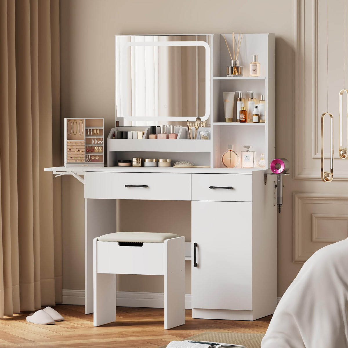 Dowinx Vanity Desk with Mirror and Lights, Power Outlet Makeup Vanity Table with 3 Drawers and 7 Shelves Dressing Table with Storage Stool for Girls Bedroom Dressing Room, White